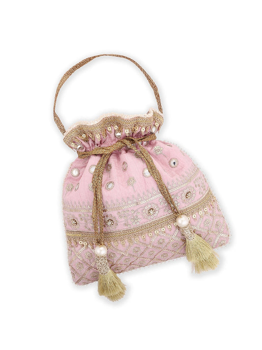 Masq Pink & Gold-Toned Embellished Potli Clutch - Grab2buy