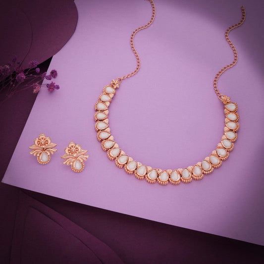 Tehzeeb Creationss Rose Gold Polish White Colour Necklace With Pair Of Earrings Tehzeeb Creations