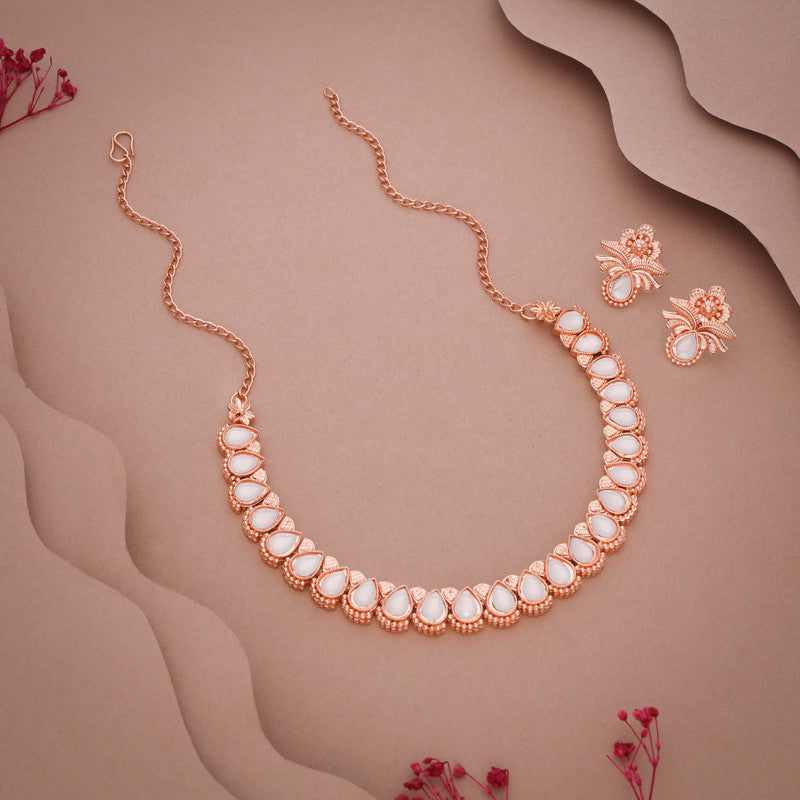 Tehzeeb Creationss Rose Gold Polish White Colour Necklace With Pair Of Earrings Tehzeeb Creations