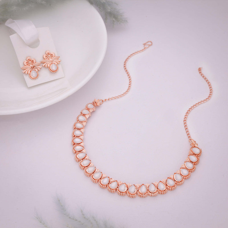 Tehzeeb Creationss Rose Gold Polish White Colour Necklace With Pair Of Earrings Tehzeeb Creations