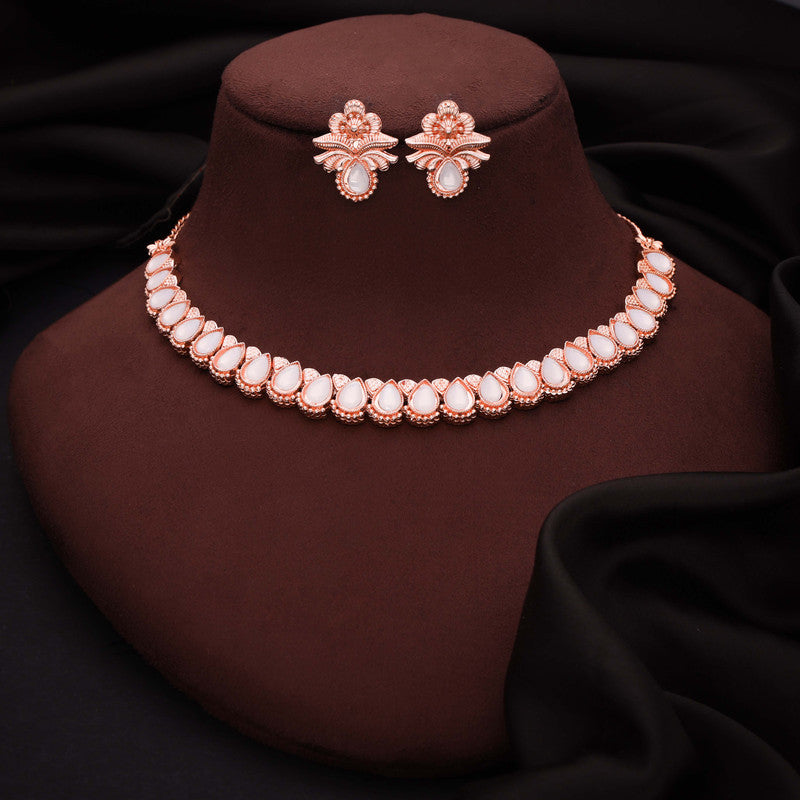 Tehzeeb Creationss Rose Gold Polish White Colour Necklace With Pair Of Earrings Tehzeeb Creations