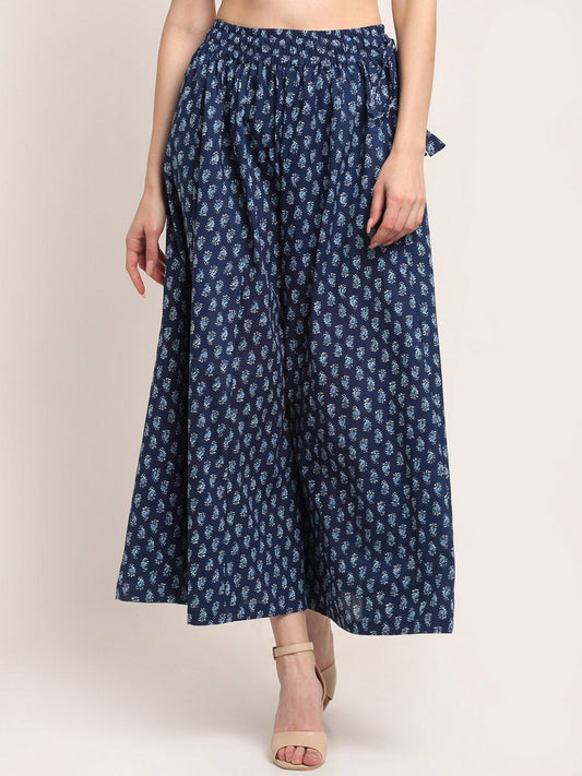 TAG 7 Women Navy Blue Ethnic Motifs Printed Flared Cotton Ethnic Palazzos