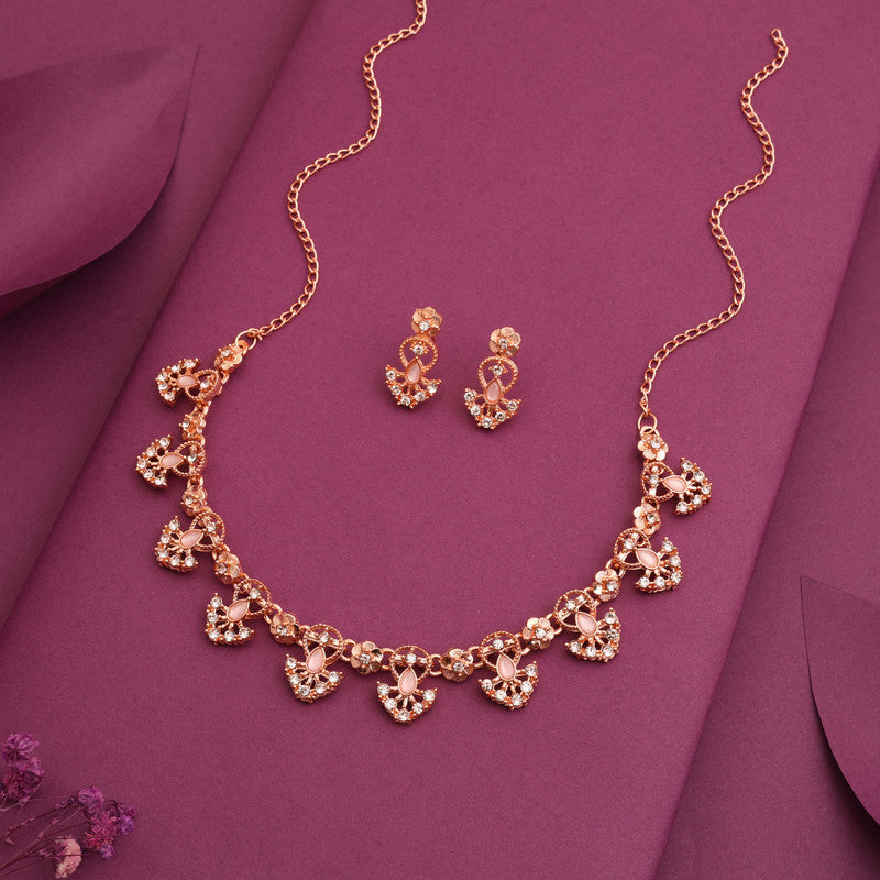 Tehzeeb Creations Gold-Polished Baby Pink Colour Necklace With Earrings Tehzeeb Creations