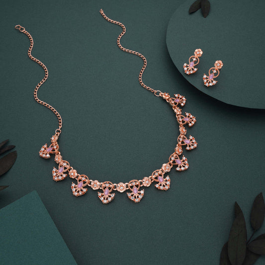 Tehzeeb Creations Gold-Polished Lavender Colour Necklace With Earrings Tehzeeb Creations