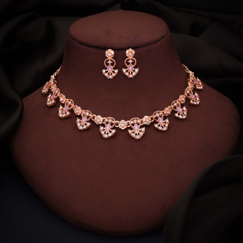 Tehzeeb Creations Gold-Polished Lavender Colour Necklace With Earrings Tehzeeb Creations