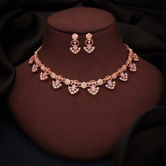 Tehzeeb Creations Gold-Polished Lavender Colour Necklace With Earrings Tehzeeb Creations