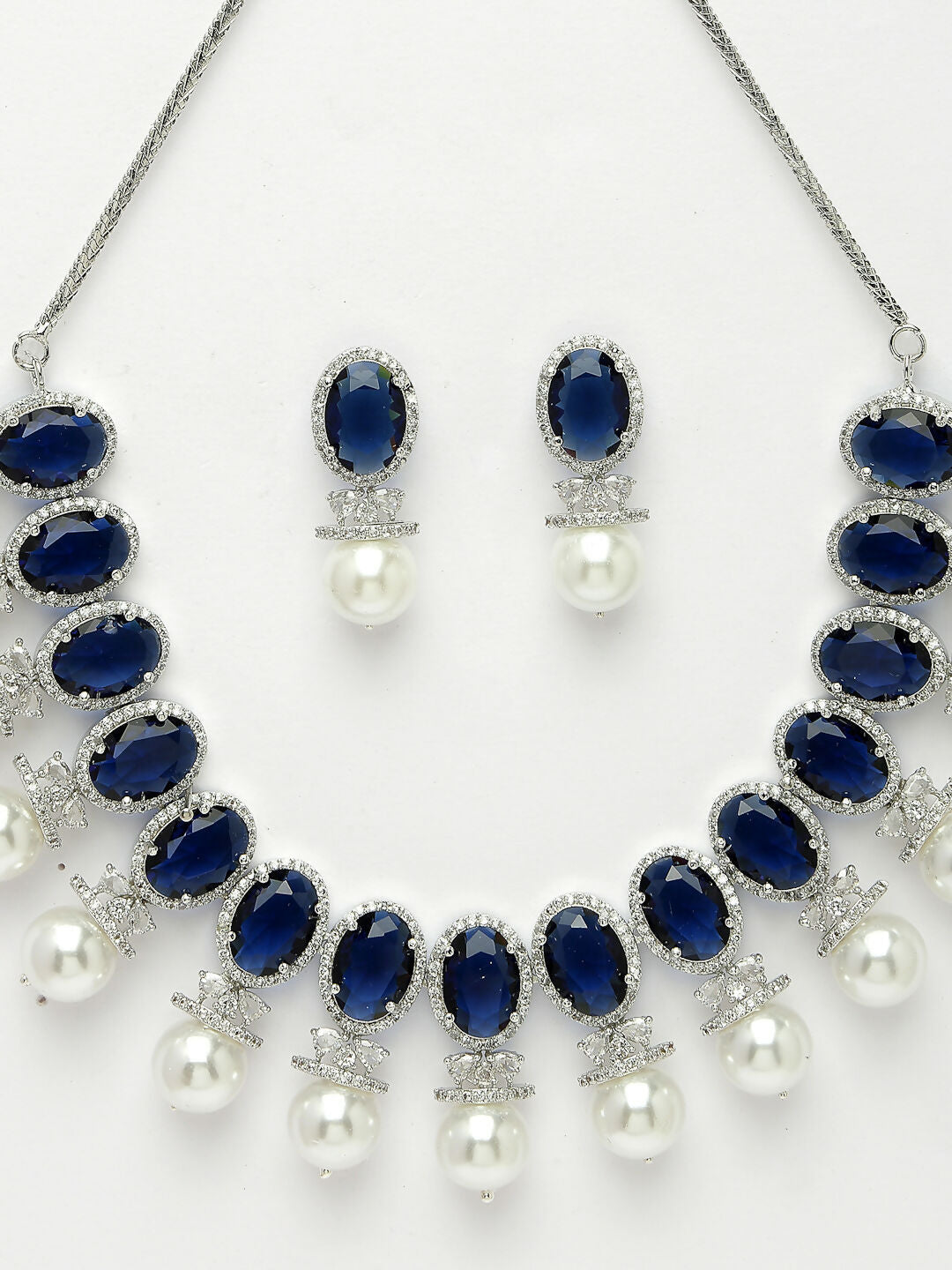 NVR Women's Silver-Plated Blue American Diamond Studded Handcrafted Jewellery Set - Grab2buy