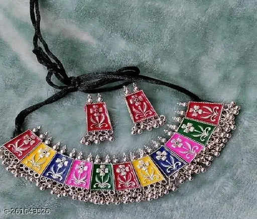 Tehzeeb Creations Women's Multi Colour Meenakari Oxidised Necklace Set Tehzeeb Creations