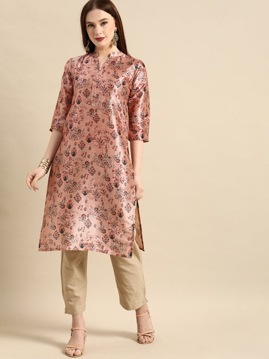 All About You Women Dusty Pink Floral Block Print Chanderi Silk Blend Straight Kurta