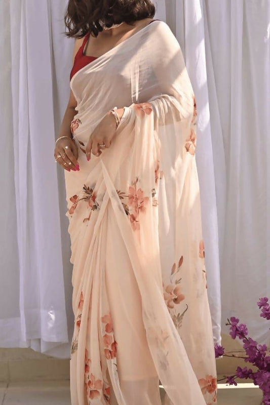 Exclusive Collection Beautiful Light Cream Pure Cotton Hand Print Handloom Grab2Buy With Running Blouse Piece 