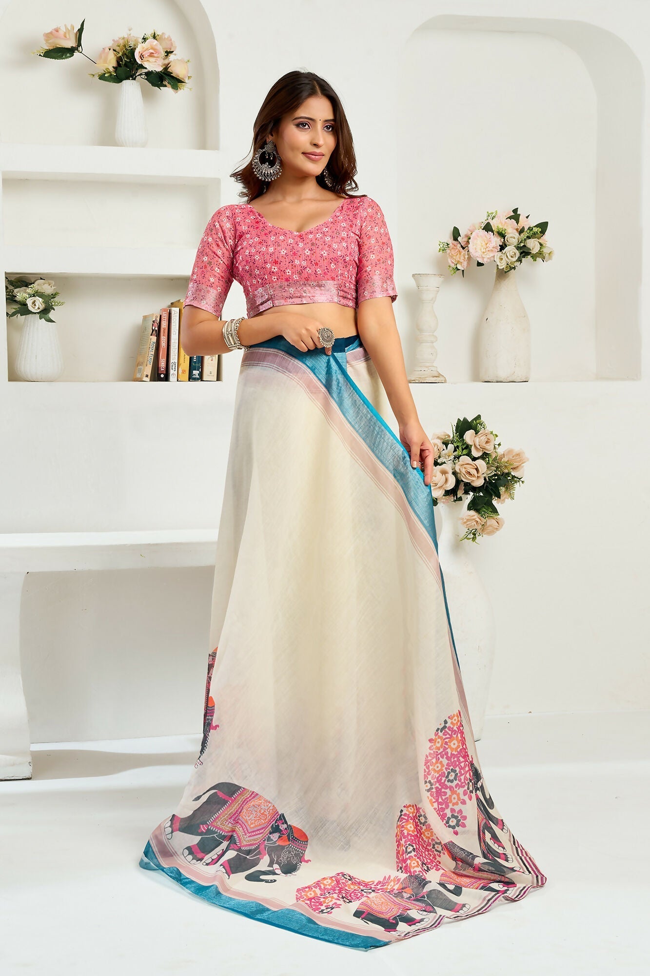 Vastranavya Cream Digital Printed Linen Ready To Wear Designer Grab2Buy with Unstitched Blouse  Grab2Buy Vastranavya Grab2Buy