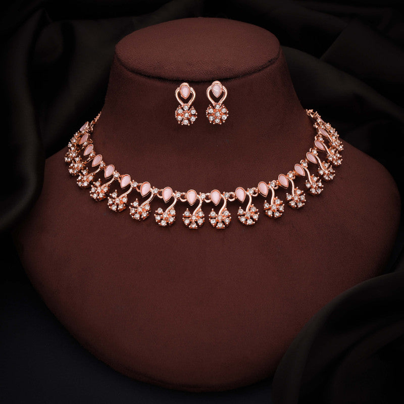 Tehzeeb Creations Rose Gold-Polished Baby Pink Choker Necklace With Dangle Earrings Tehzeeb Creations