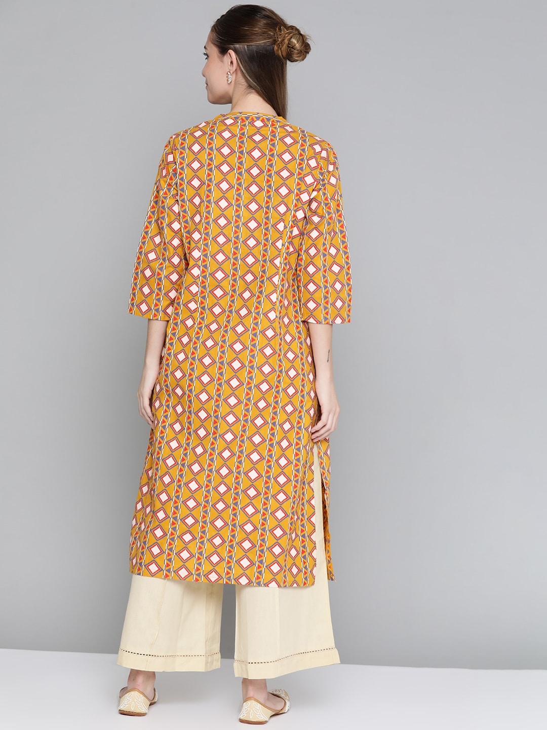 HERE&NOW Women Mustard Yellow & Cream Pure Cotton Geometric Printed Kurta