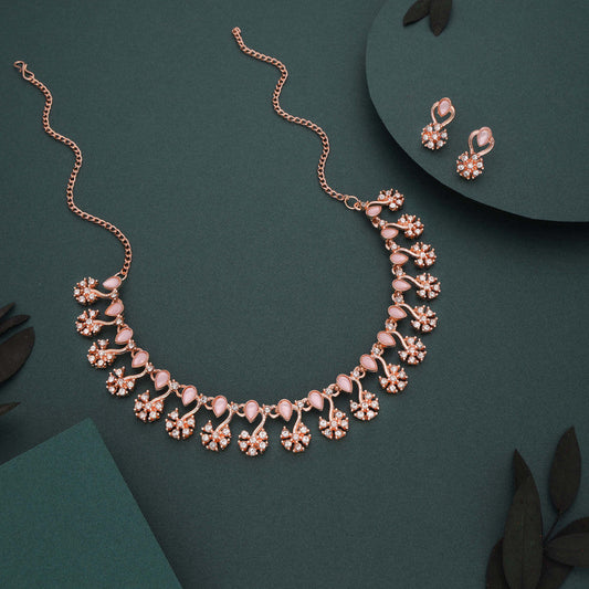 Tehzeeb Creations Rose Gold-Polished Baby Pink Choker Necklace With Dangle Earrings Tehzeeb Creations