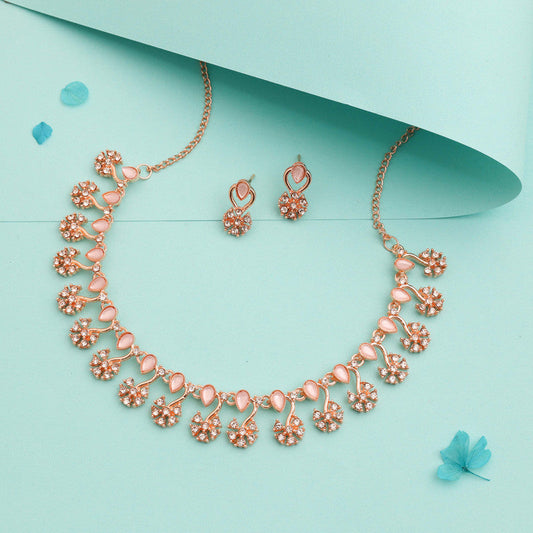 Tehzeeb Creations Rose Gold-Polished Baby Pink Choker Necklace With Dangle Earrings Tehzeeb Creations