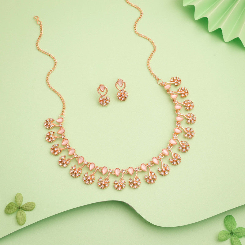 Tehzeeb Creations Rose Gold-Polished Baby Pink Choker Necklace With Dangle Earrings Tehzeeb Creations