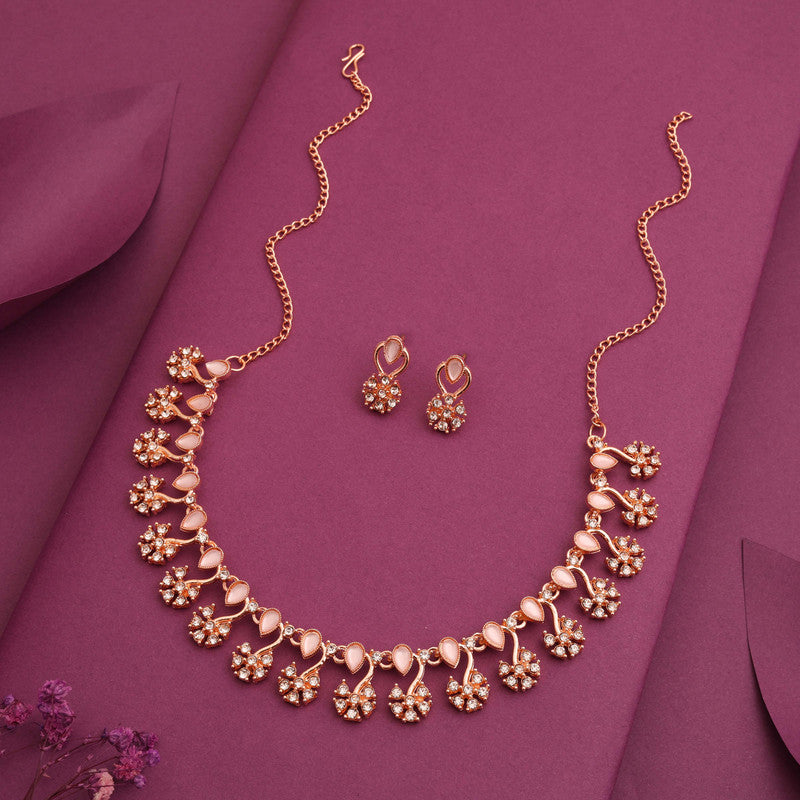 Tehzeeb Creations Rose Gold-Polished Baby Pink Choker Necklace With Dangle Earrings Tehzeeb Creations