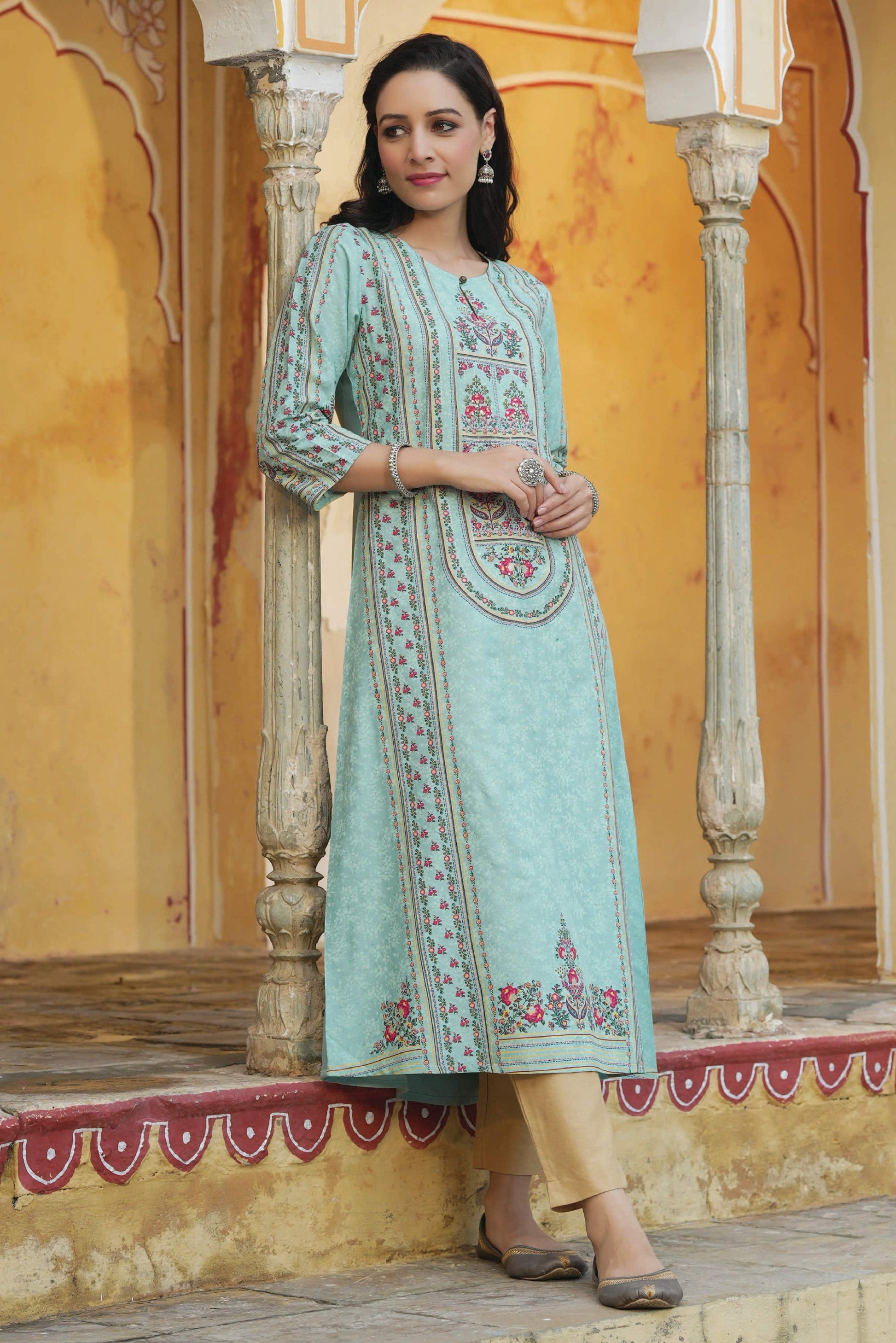 Juniper Women Sky Blue Rayon Printed A-Line Kurta