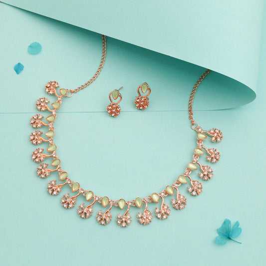 Tehzeeb Creations Rose Gold-Polished Sea Green Choker Necklace With Dangle Earrings