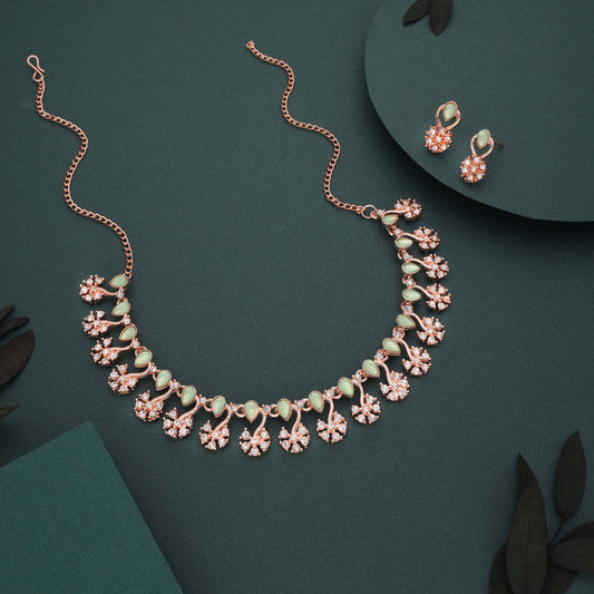 Tehzeeb Creations Rose Gold-Polished Sea Green Choker Necklace With Dangle Earrings
