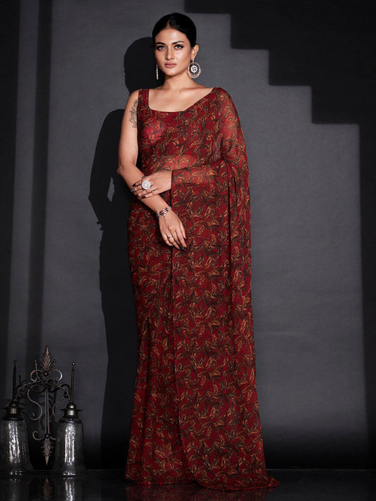 Tikhi Imli Red & Green Floral Printed Poly Georgette Ready To Wear Grab2Buy