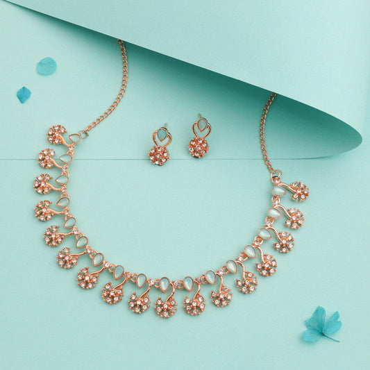 Tehzeeb Creations Rose Gold-Polished Sky Blue Choker Necklace With Dangle Earrings