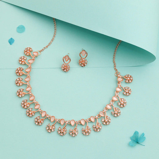 Tehzeeb Creations Rose Gold-Polished White Choker Necklace With Dangle Earrings