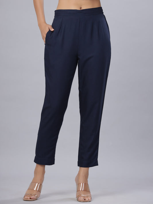 Juniper Navy Soild Liva Rayon Pants With A Pocket