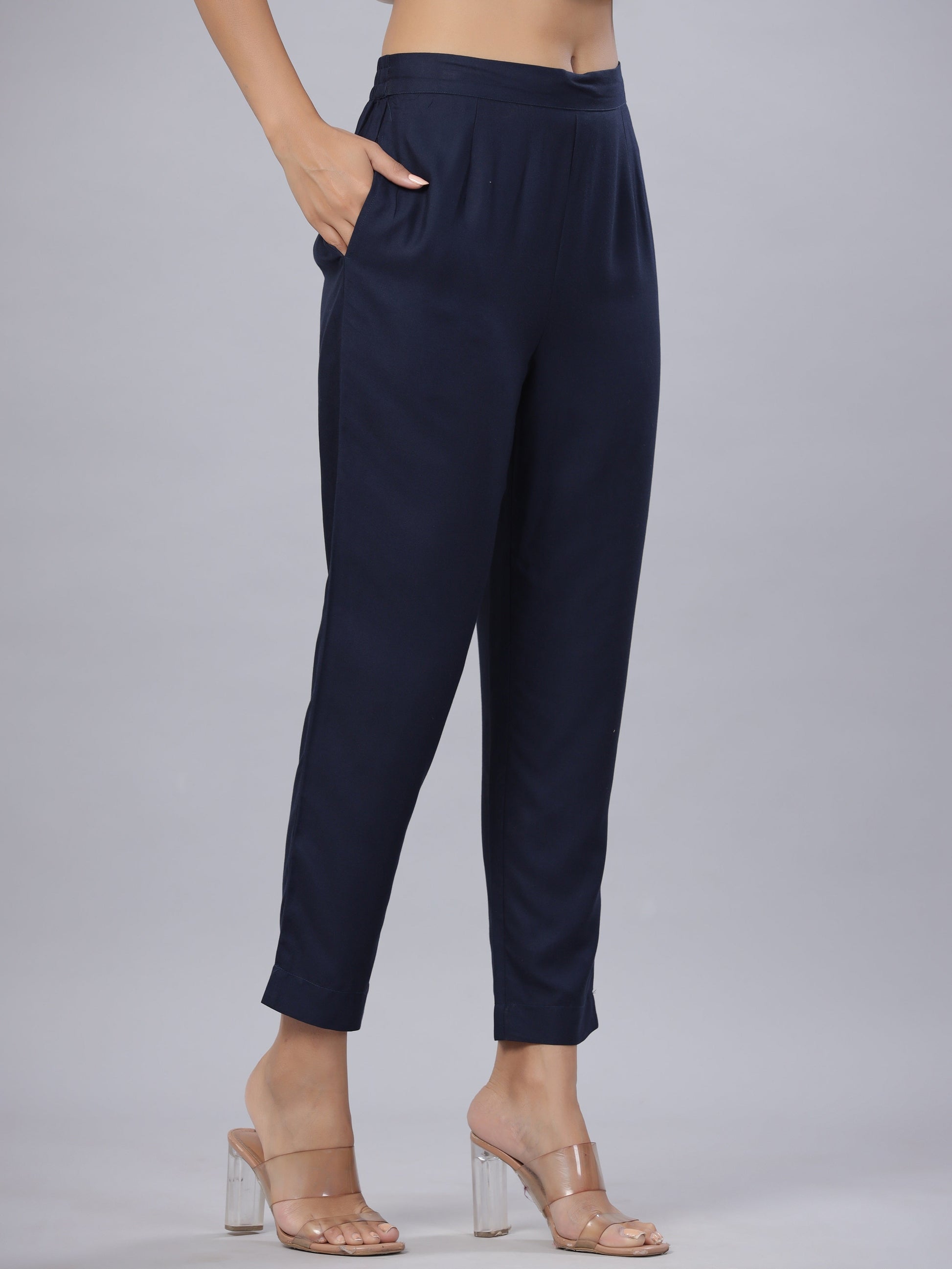 Juniper Navy Soild Liva Rayon Pants With A Pocket