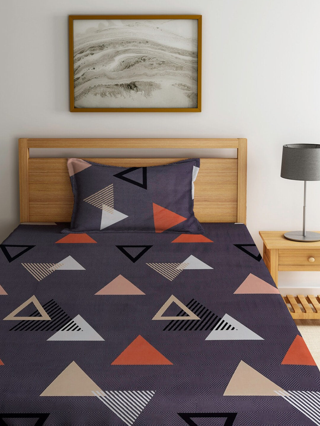Home Sizzler Grey & White Geometric 144 TC Single Bedsheet with 1 Pillow Covers 
