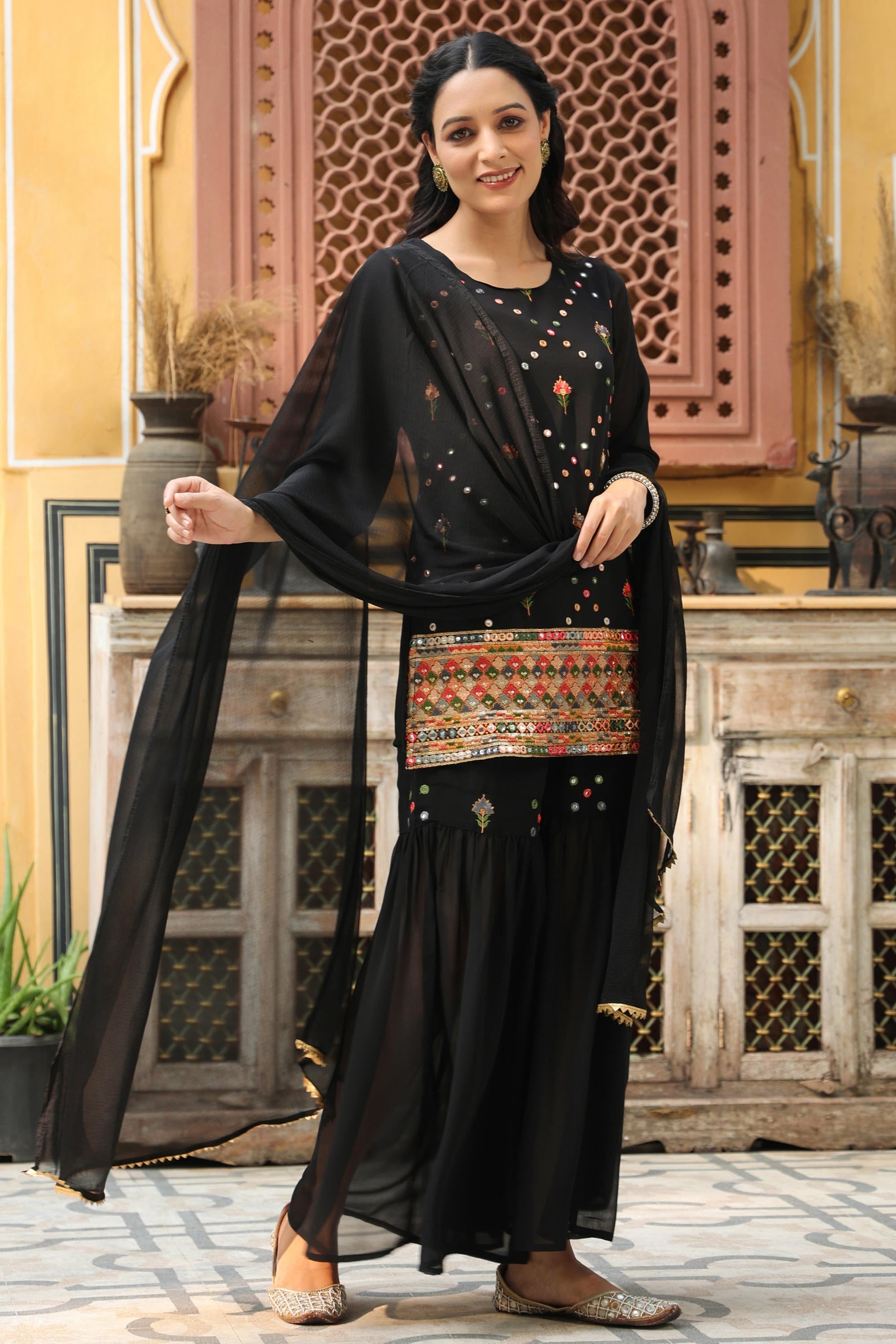 Juniper Women's Black Soild Georgette Tunic Sharara & Dupatta With With Thread & Mirror Work