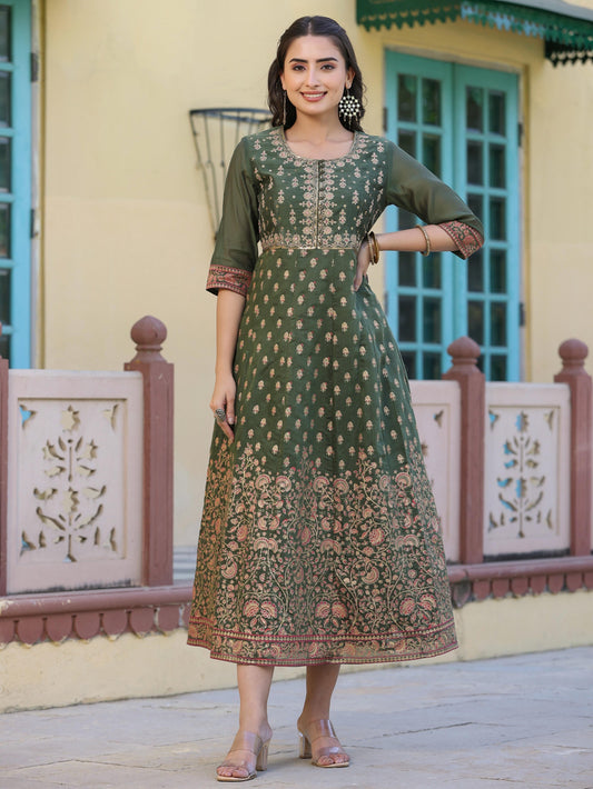 Juniper Women's Olive Green Ethnic Motif Printed Chanderi Dress With Sequins & Zari Work