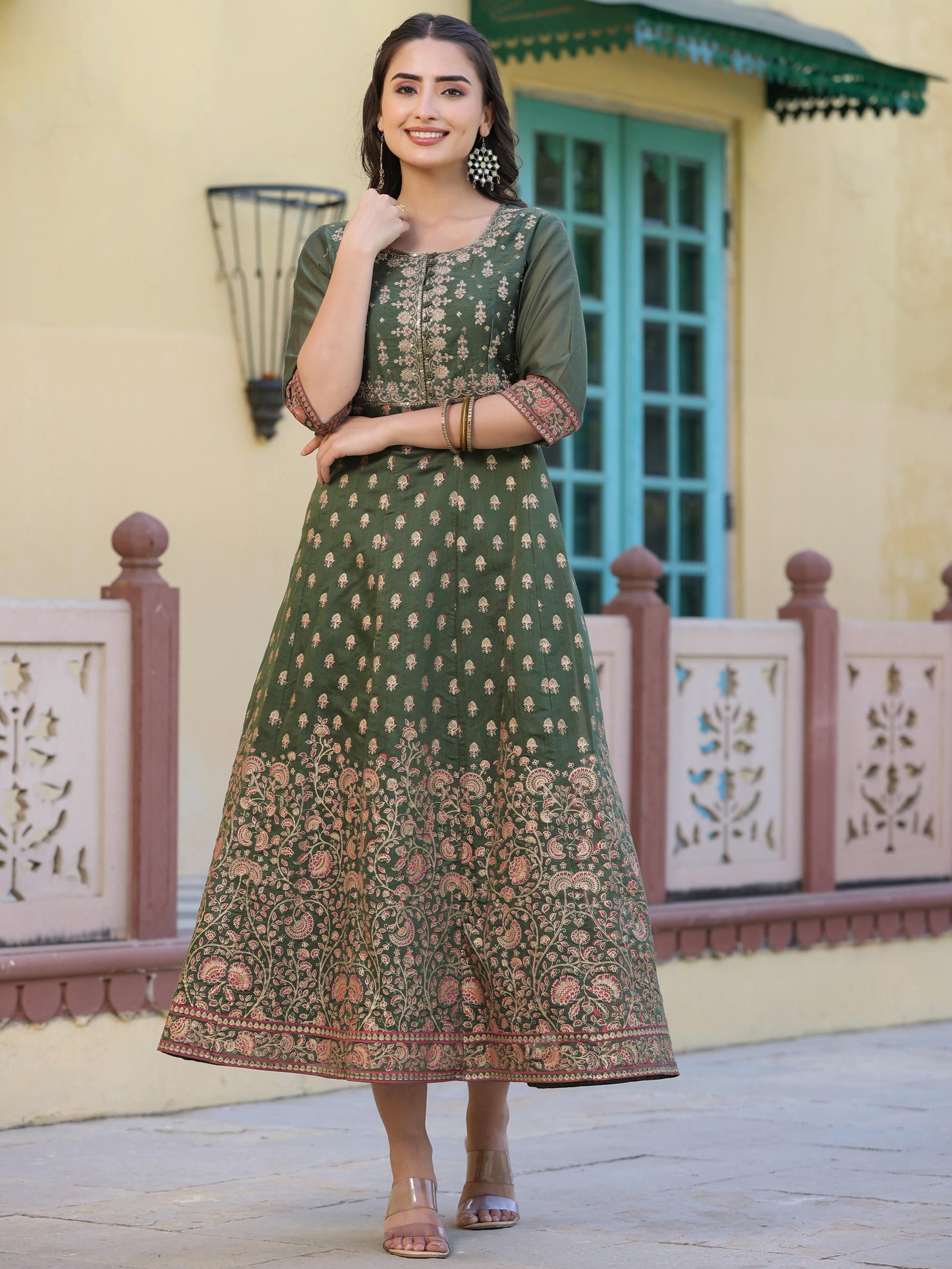 Juniper Women's Olive Green Ethnic Motif Printed Chanderi Dress With Sequins & Zari Work