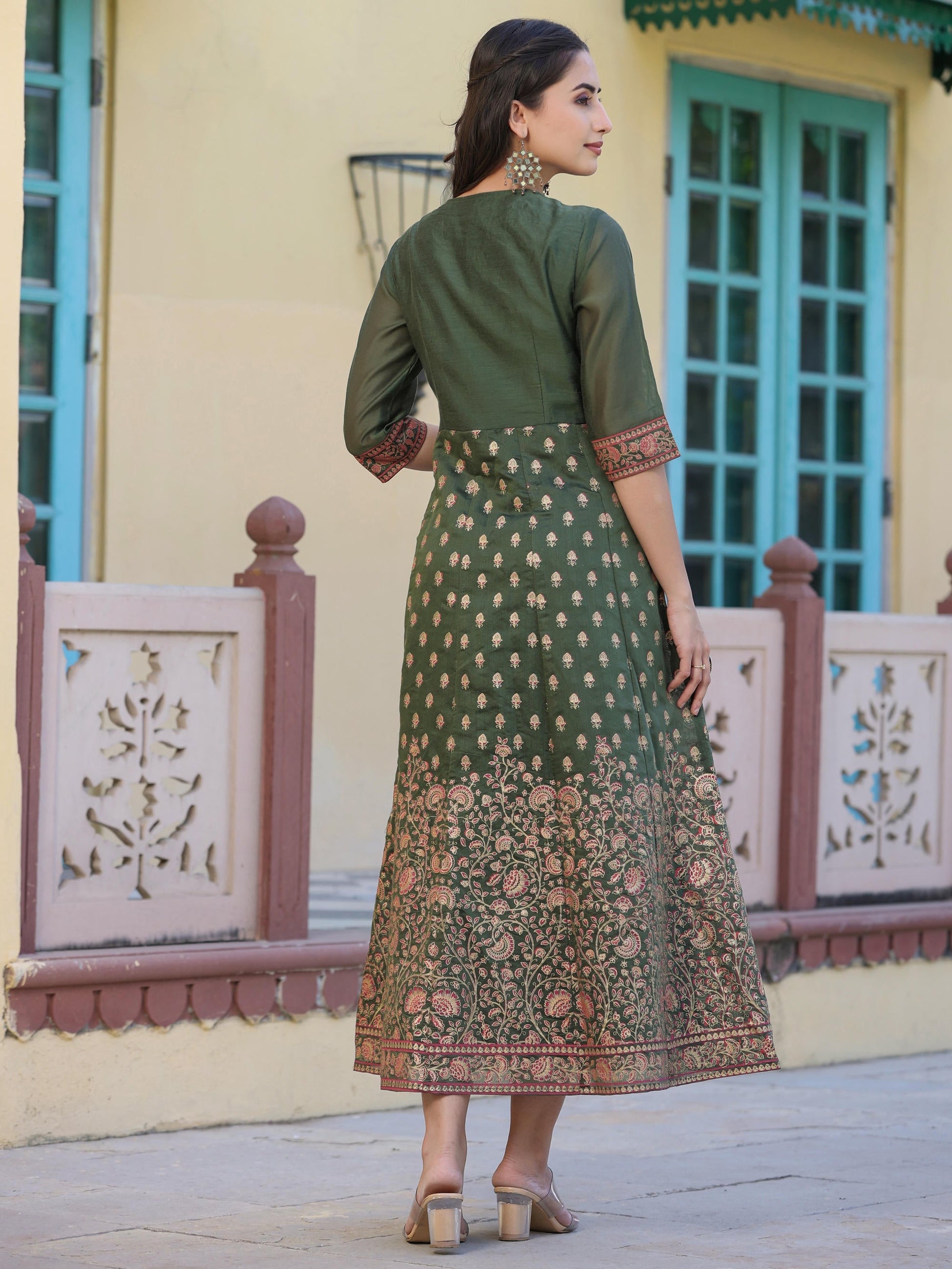 Juniper Women's Olive Green Ethnic Motif Printed Chanderi Dress With Sequins & Zari Work