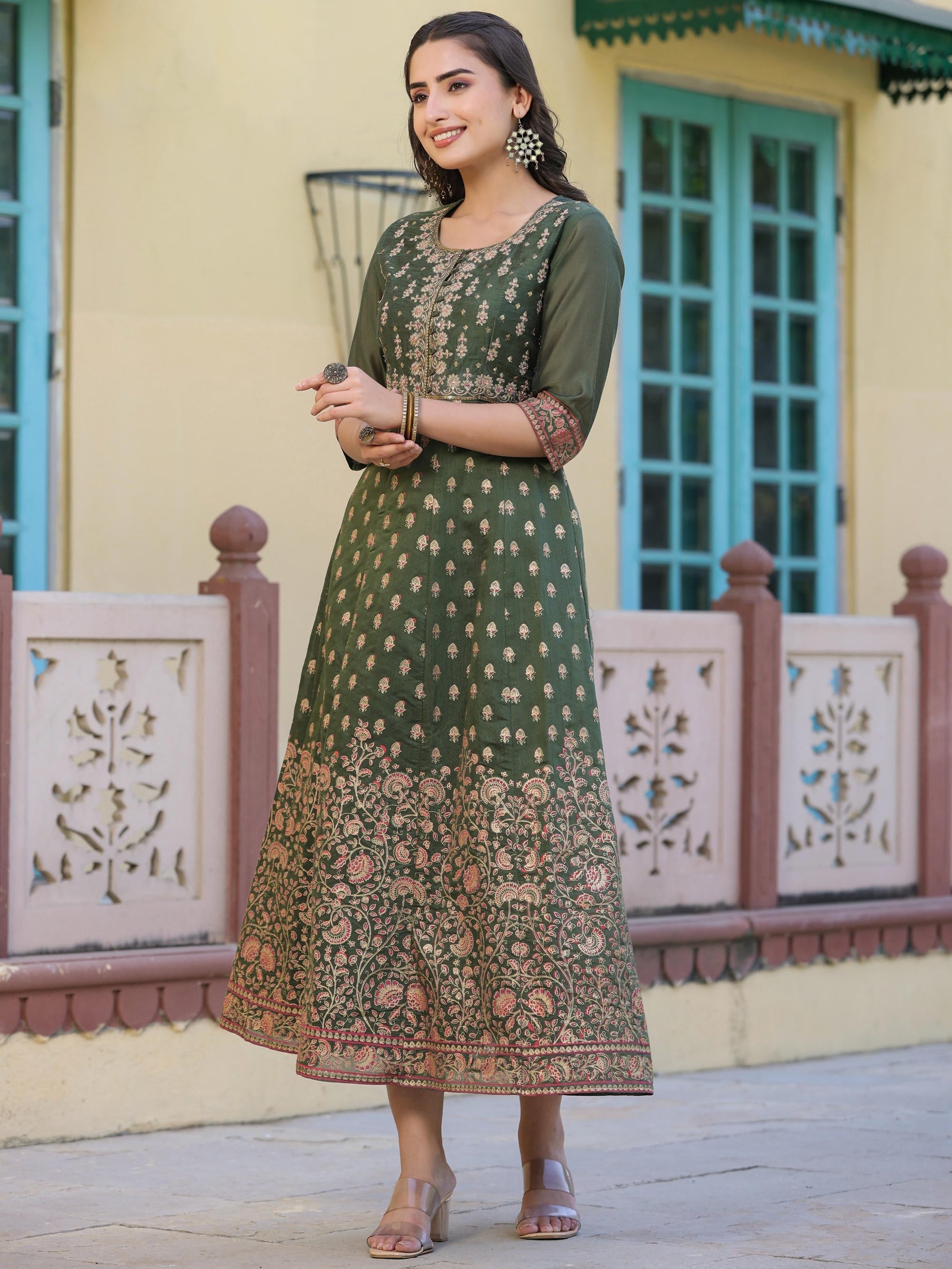 Juniper Women's Olive Green Ethnic Motif Printed Chanderi Dress With Sequins & Zari Work