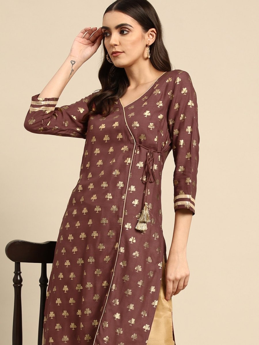 All About You Women Brown & Golden Ethnic Motifs Printed Gotta Patti Kurta