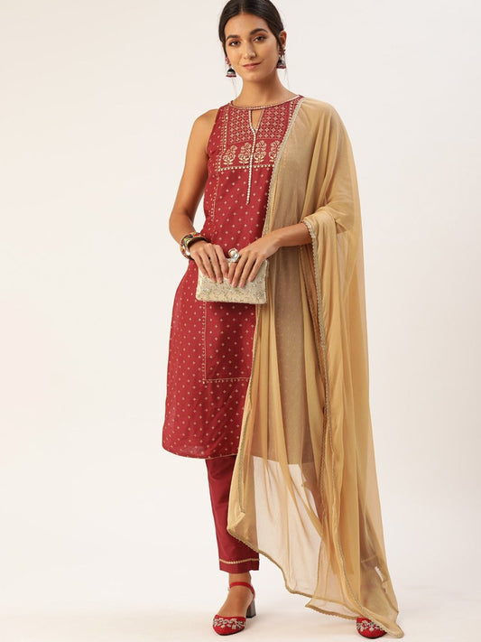 All About You Women Red Ethnic Motifs Printed Kurta with Trousers & With Dupatta