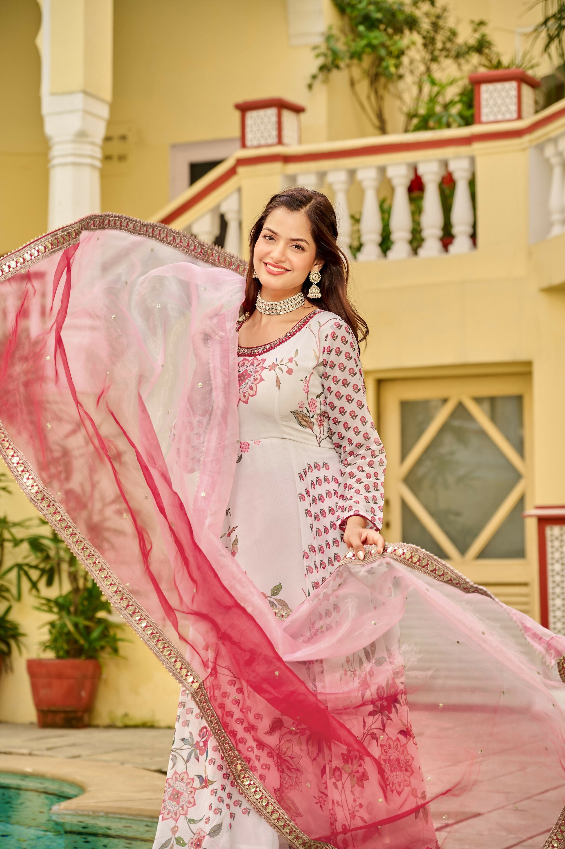 Joban Fashion Pink & White Georgette Embroidery Sequence Work Readymade Kurta Set