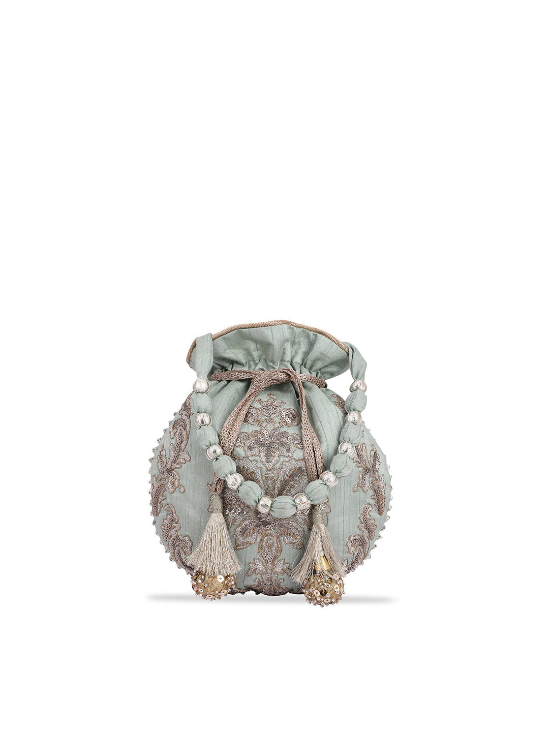 Masq Women Green & Silver-Toned Embellished Potli Clutch - Grab2buy
