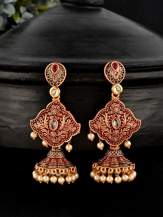 Shoshaa Maroon & Gold-Toned Contemporary Jhumkas Earrings - Grab2buy