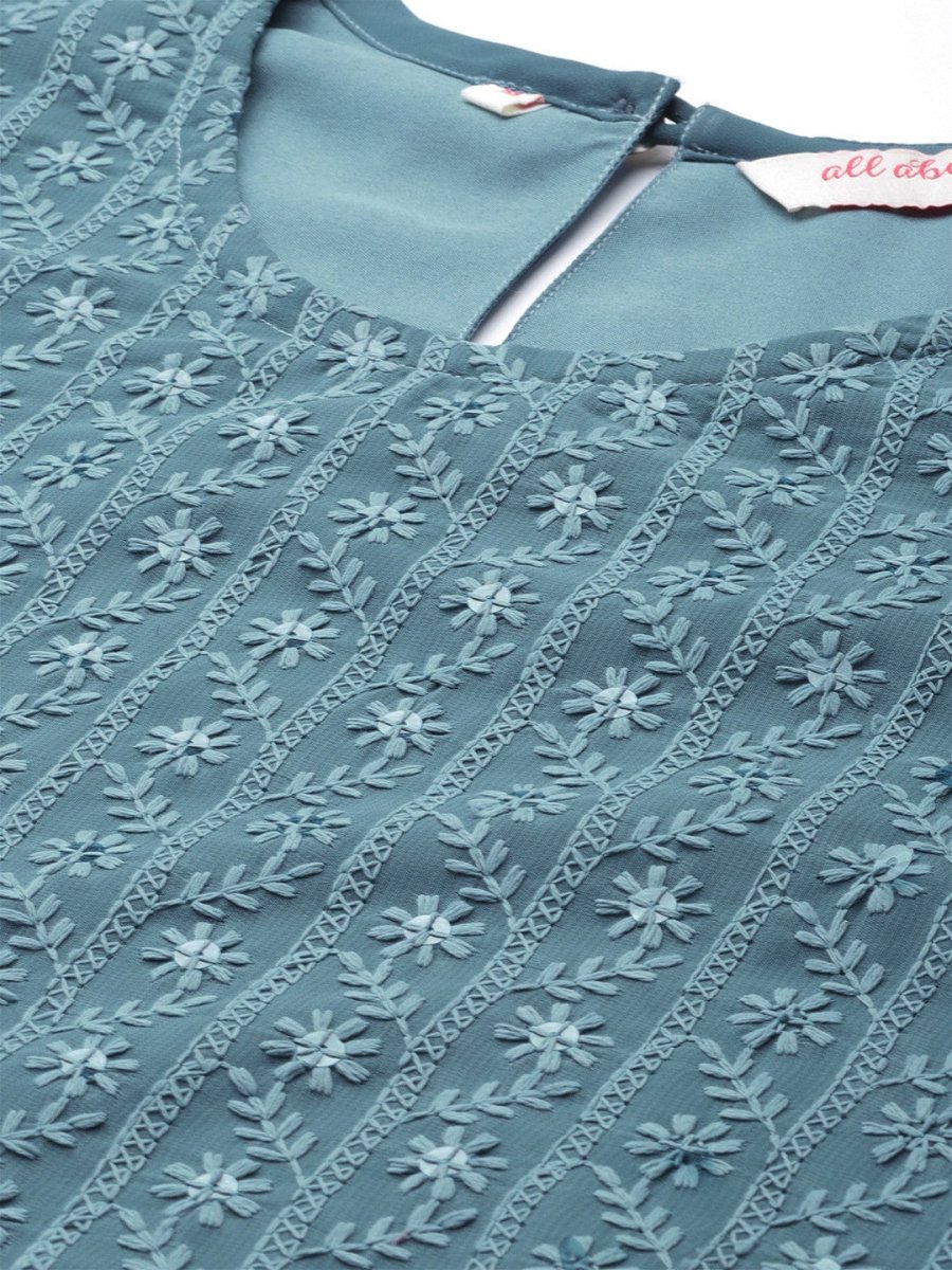 All About You Women Grey Ethnic Motifs Embroidered Regular Chikankari Kurta with Palazzos 
