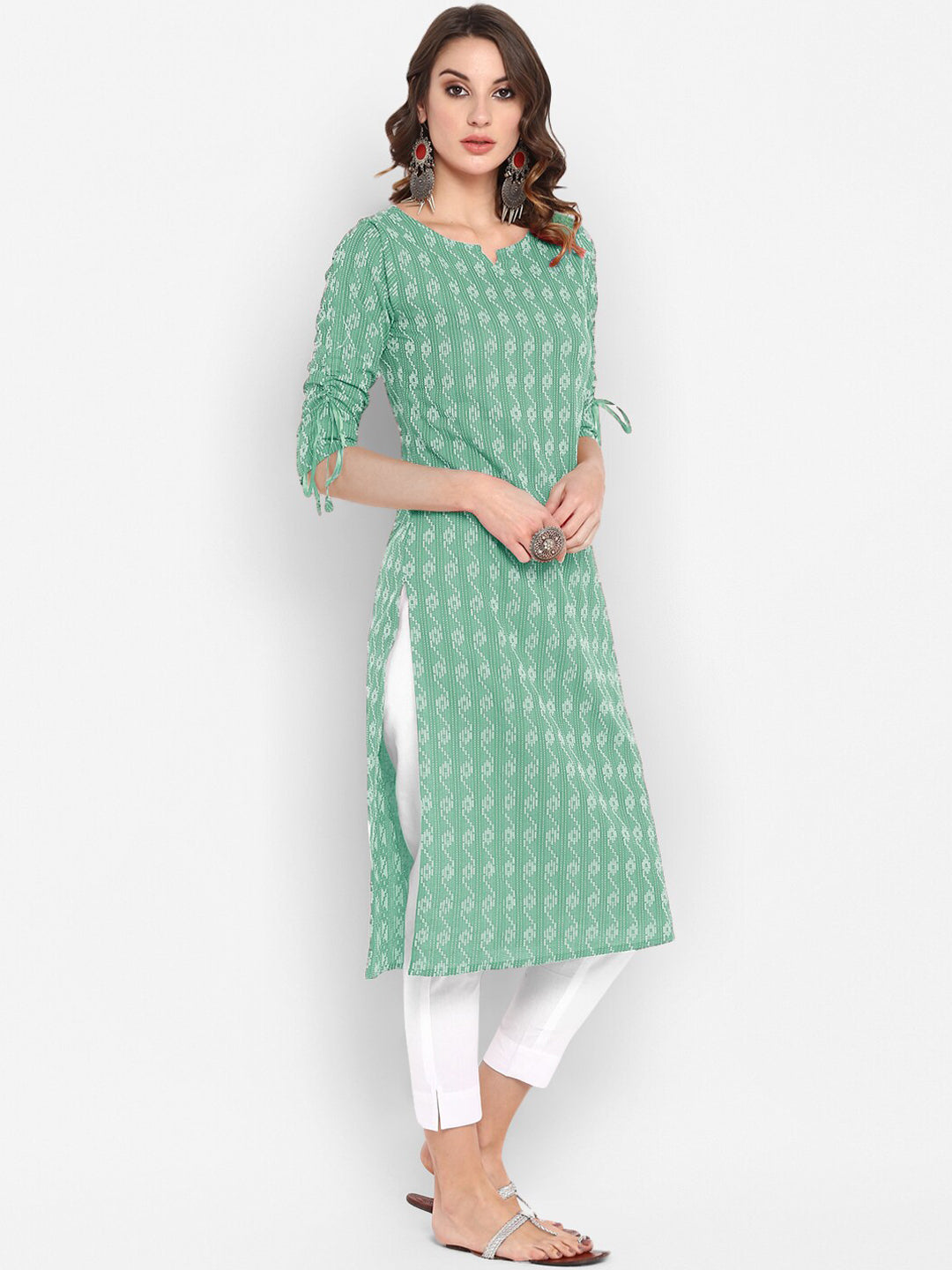Janasya Women Green Geometric Printed Cotton Kurta