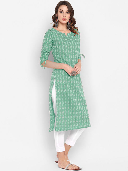 Janasya Women Green Geometric Printed Cotton Kurta