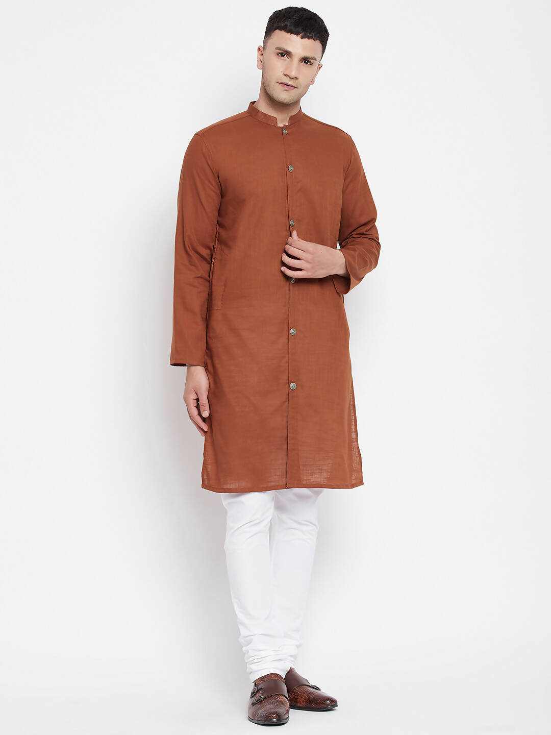 Even Apparels Brown Pure Cotton Men's Sherwani Kurta With Open Front 