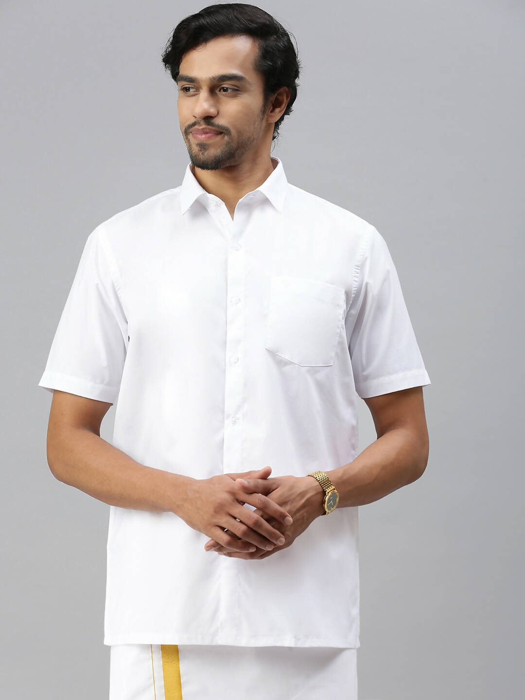 Ramraj Cotton Mens Half Sleeve Formal Poly Cotton White Shirt 