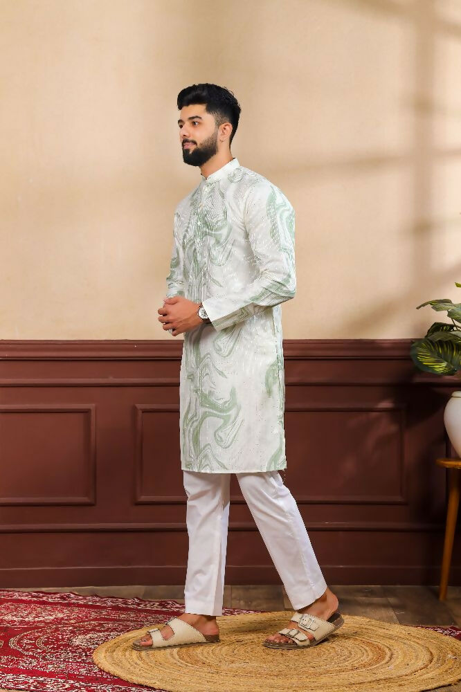 Green Art Silk Digital Printed, Embroidery Work Kurta Set - Mahotsav