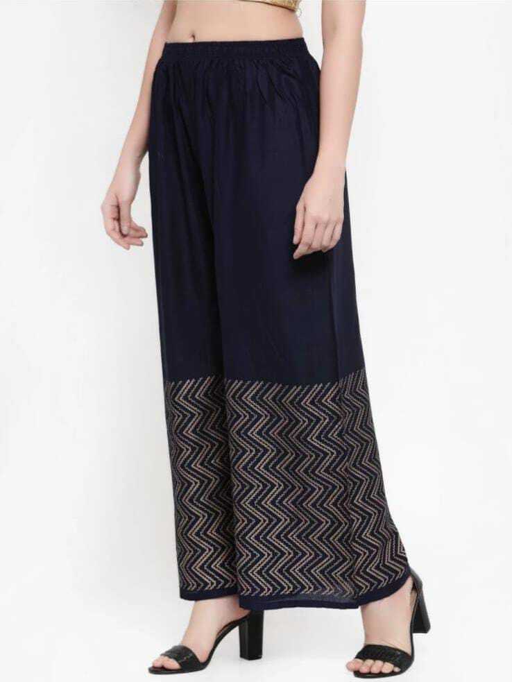 PAVONINE Navy Blue Color Rayon Fabric Zig-Zag Printed Palazzo For Women