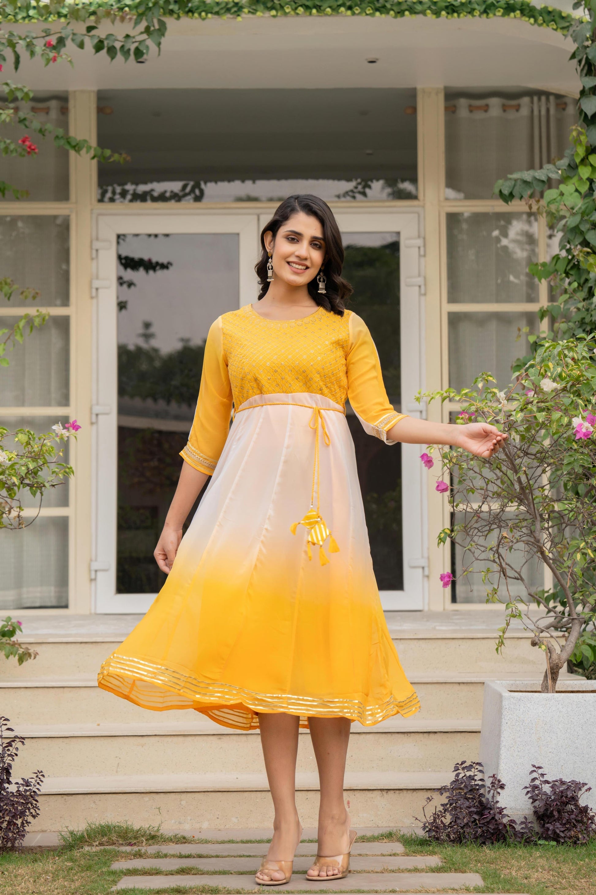 Juniper Women's Yellow Printed Georgette Dress With Doris At Waist & Sequins