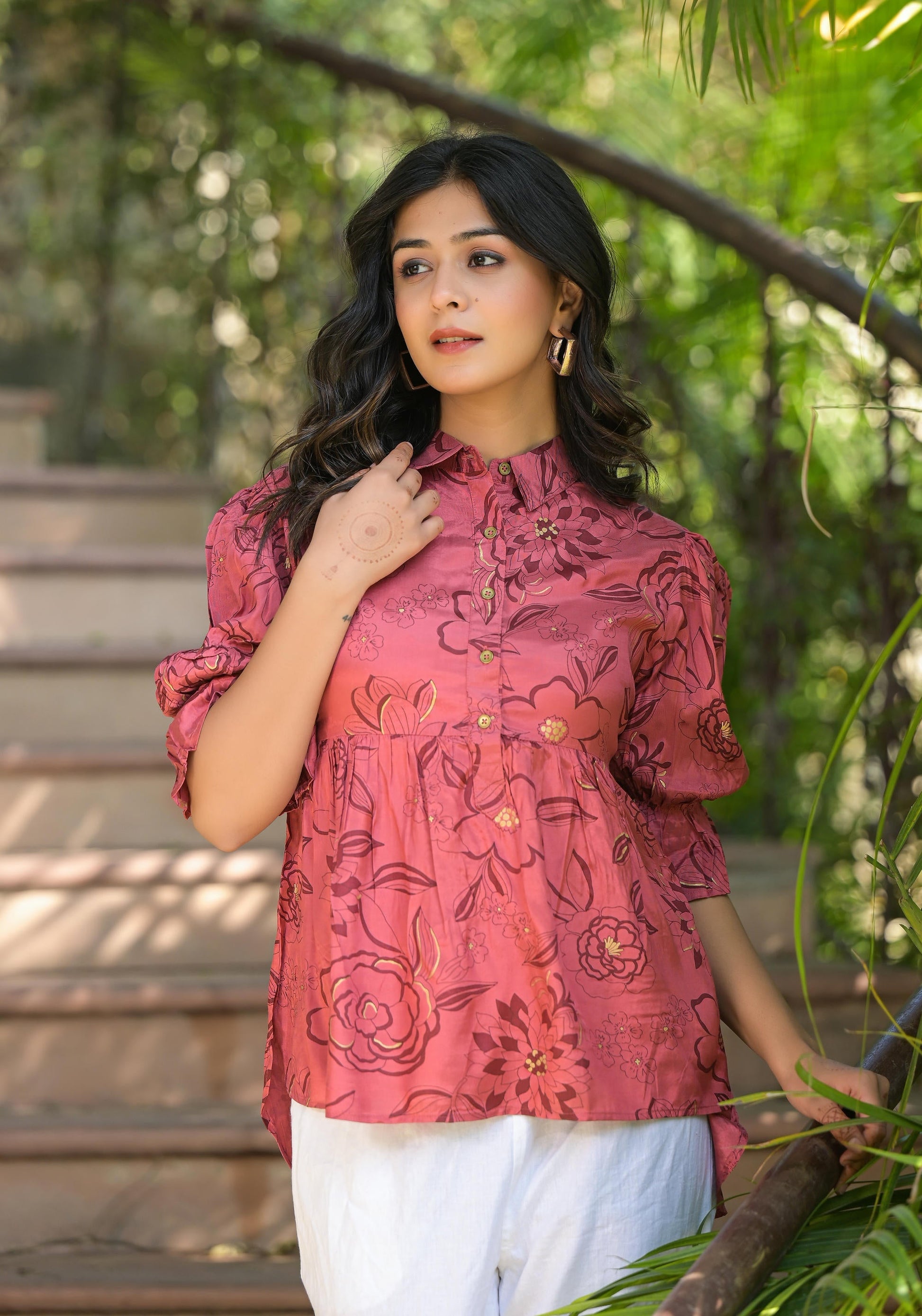 Juniper Women's Rust Floral Printed Shantoon Tunic With Buttons