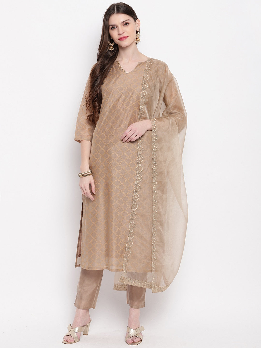 Janasya Women Brown Printed Kurta with Trousers & Dupatta